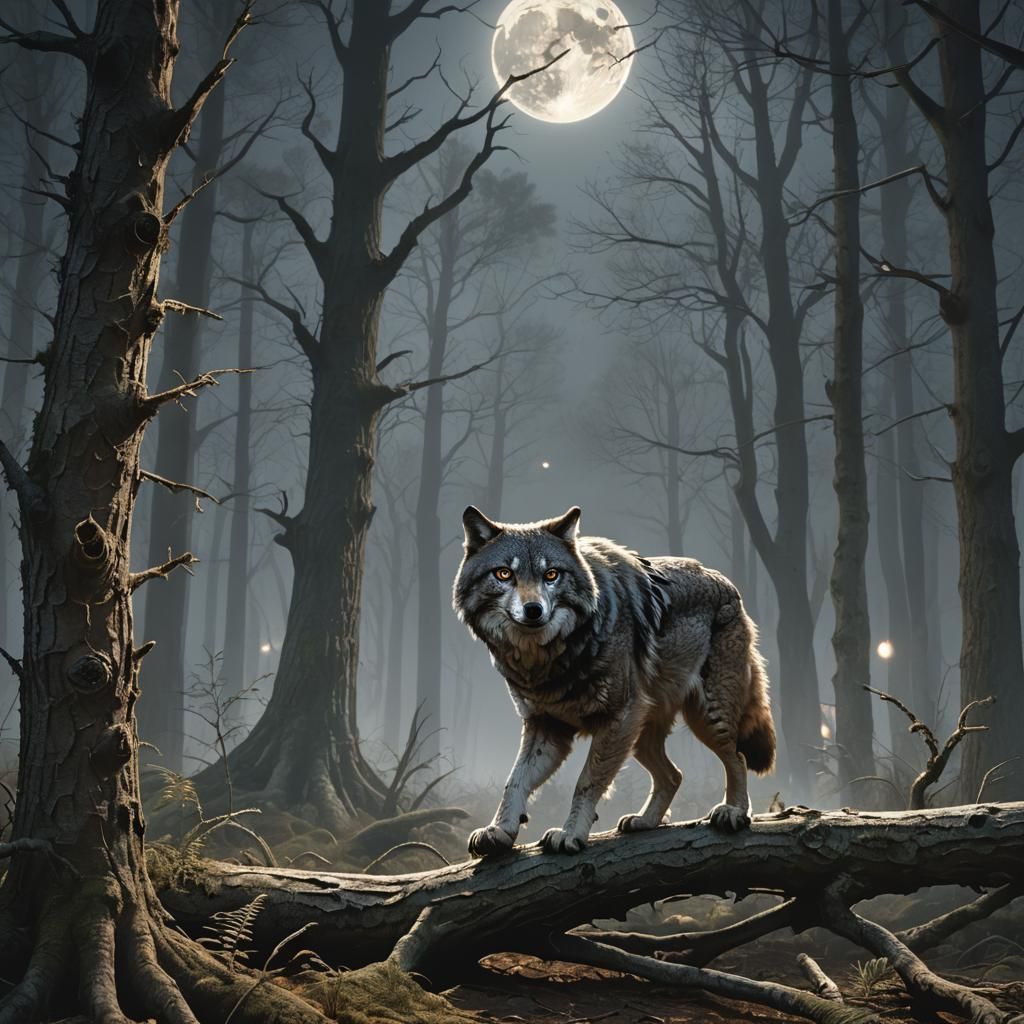 Wolf and Owl in Moonlit Forest: Fantasy Art