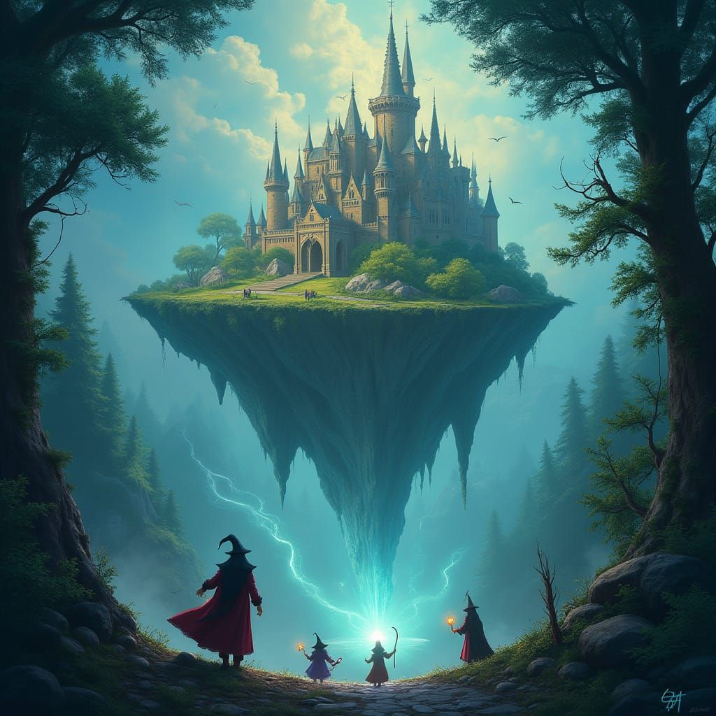Floating Castle in Mystical Forest with Magical Energy