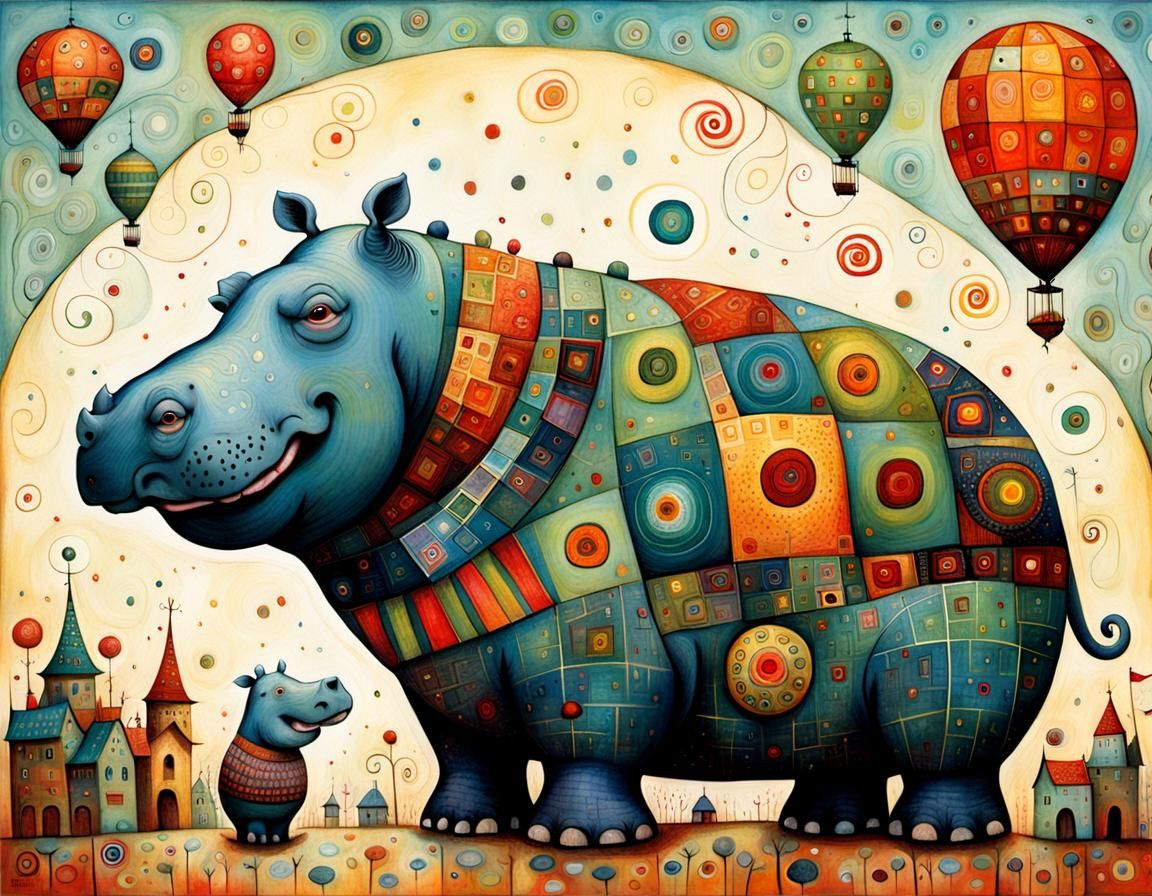 Whimsical Happy Hippo Inspired by Illustrative Art
