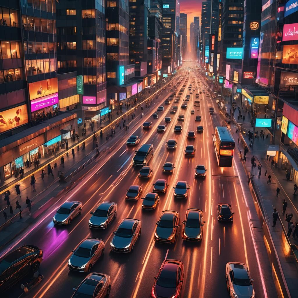 Futuristic Car Race in Neon Cityscape, Surreal Digital Art