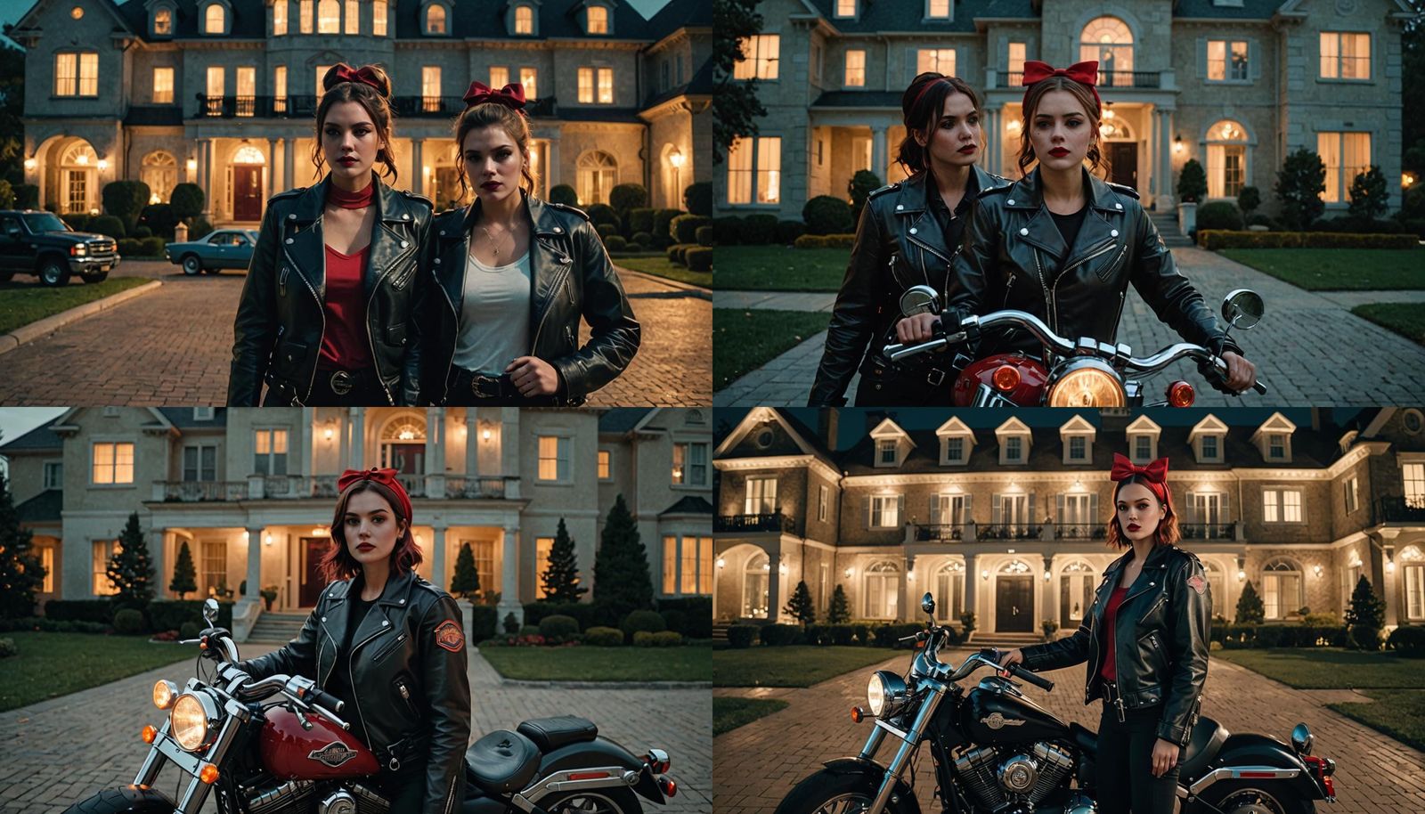 Night Scene: Woman with Motorcycle at Mansion