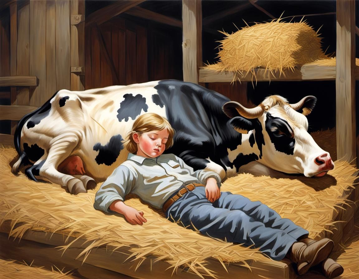 Child Asleep on Gentle Cow in Barn