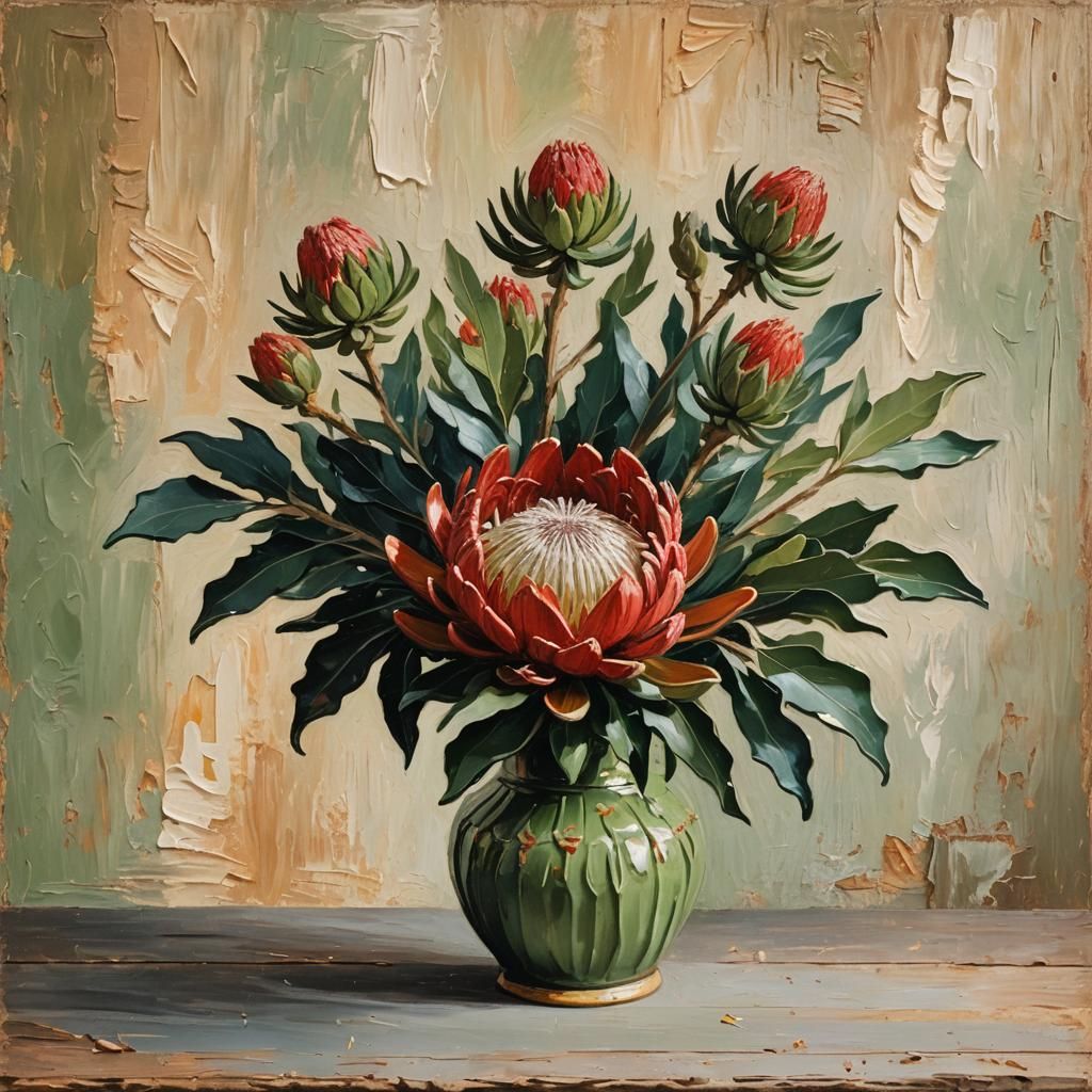 Waratah Bloom Still Life as Impasto Oil Painting