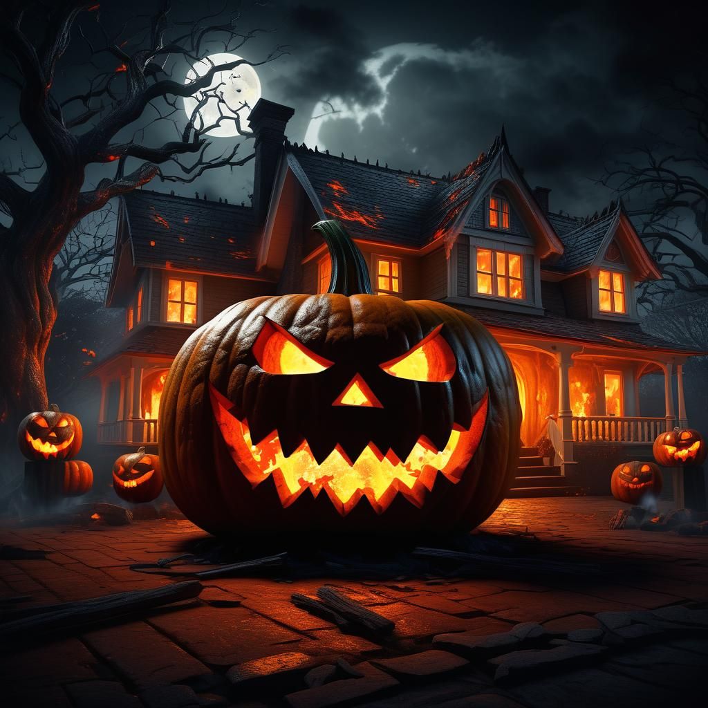 Eerie Halloween Scene with Fiery Pumpkin Face