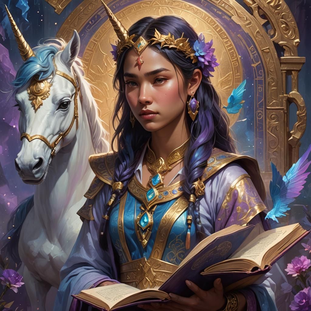 Mystical Woman with Unicorn Accessories in Hyperrealism
