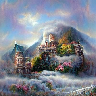 Ethereal Castle on Misty Mountain in Fantasy Style