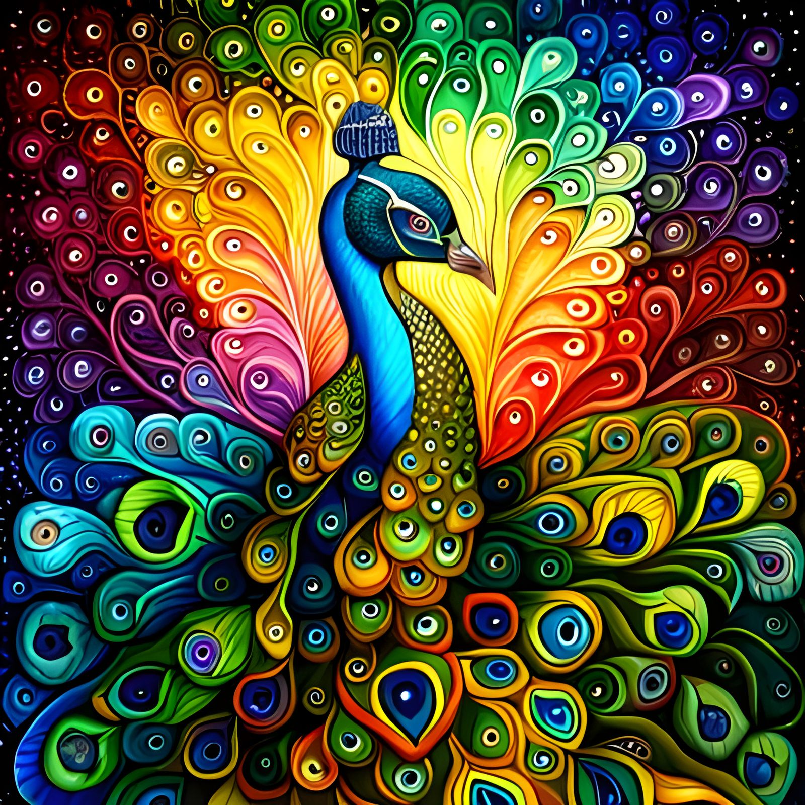 Rainbow Peacock Stained Glass in Gouache Style
