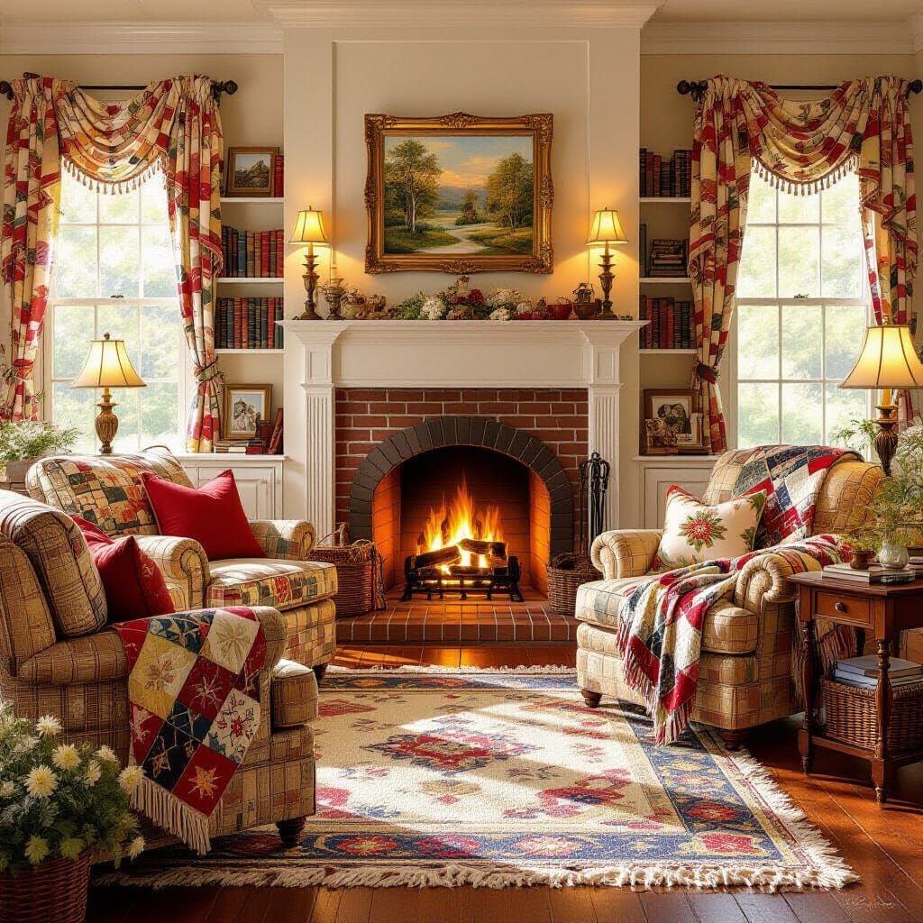 Sunlit Cottage Interior with Glowing Fireplace