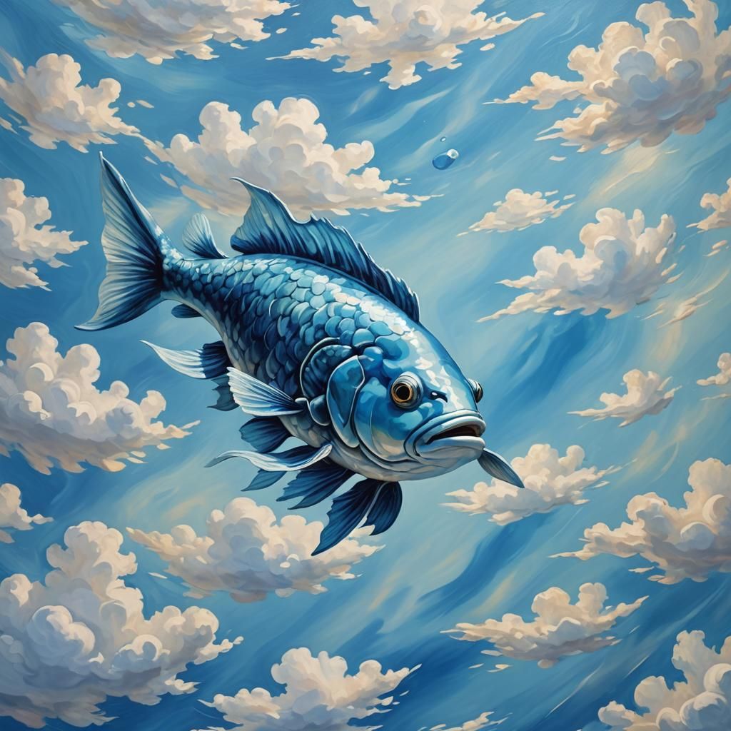 Blue Fish in Azure Ocean: A Surreal Oil Painting