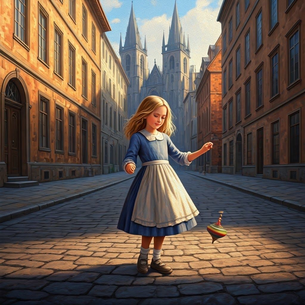 Girl Playing with Spinning Top, Oil Painting Style