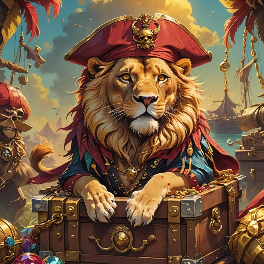 Pirate Lion Guarding Treasure: Vibrant Digital Art
