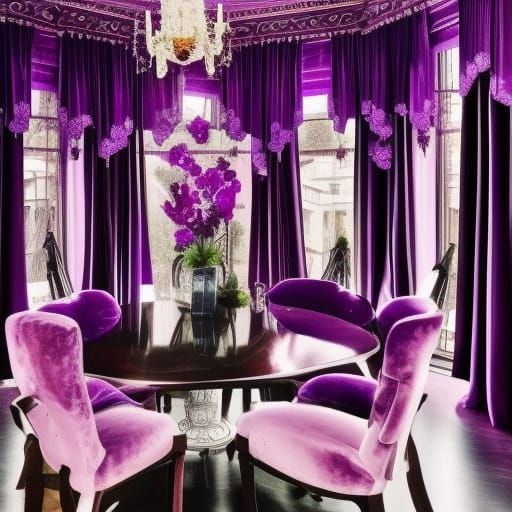 Persephone penthouse with beautiful gothic purple walls with Black Gothic windows with purple Gothic curtains& purple ve...