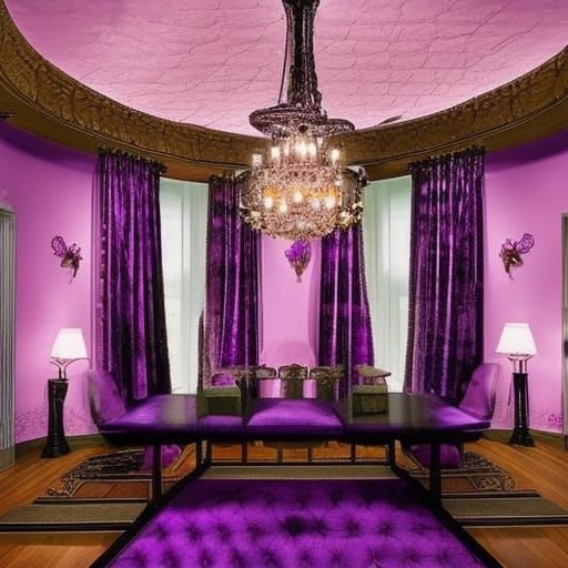 Persephone penthouse with beautiful gothic purple walls with Black Gothic windows with purple Gothic curtains& purple ve...