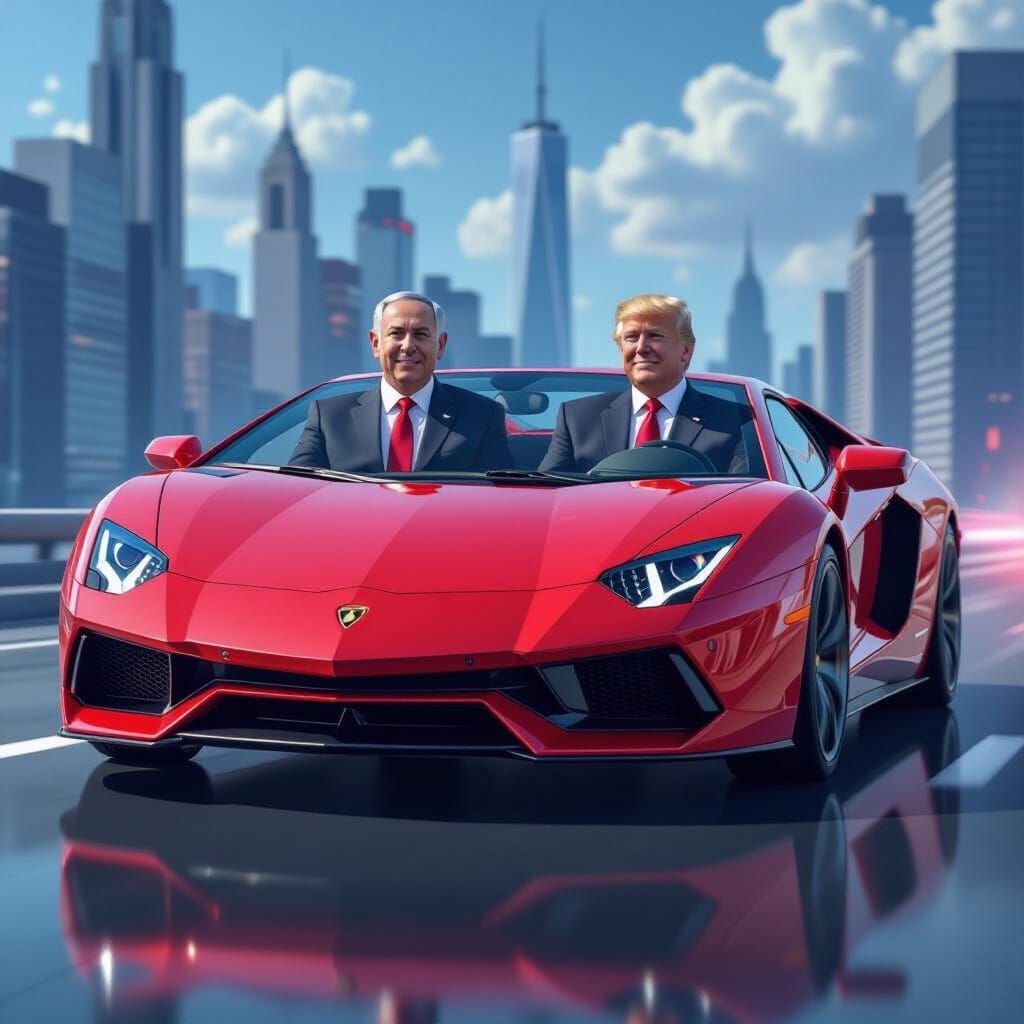 Trump and Netanyahu in Red Lamborghini, Futuristic Style