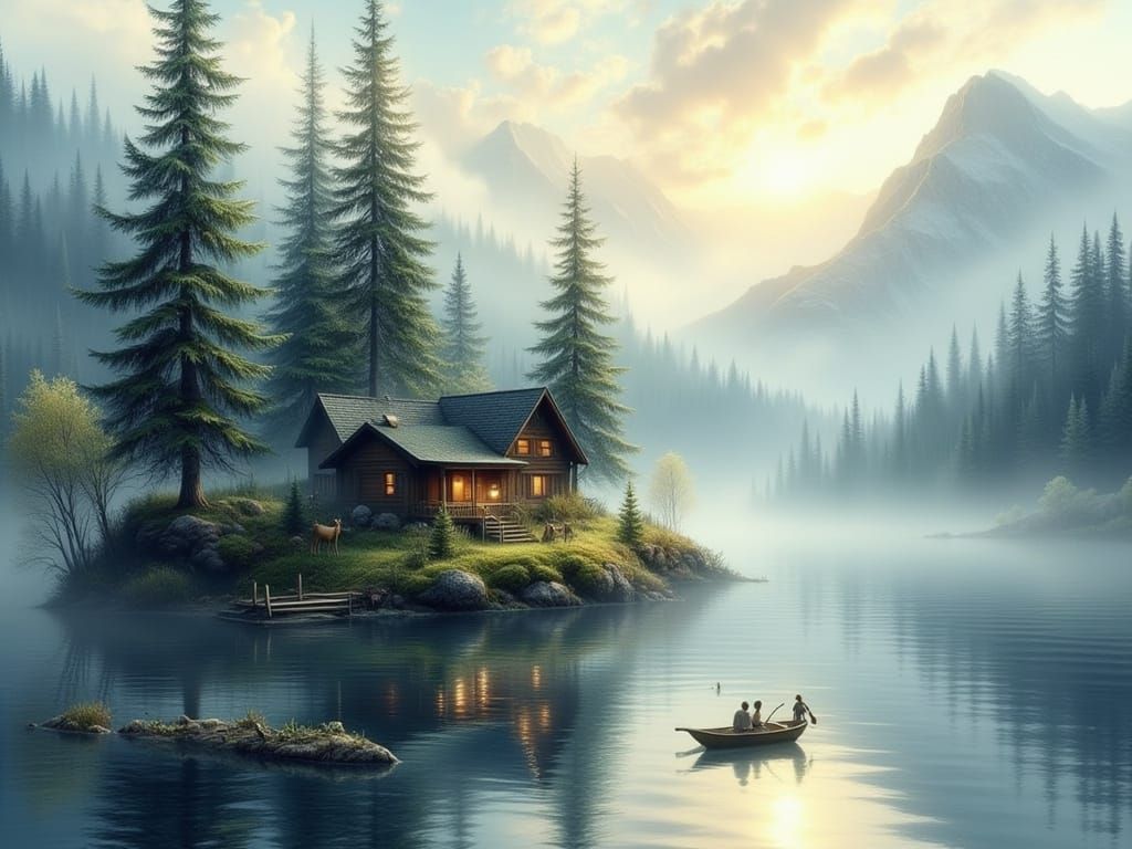 Rustic Cabin on Island Lake, Misty Mountains