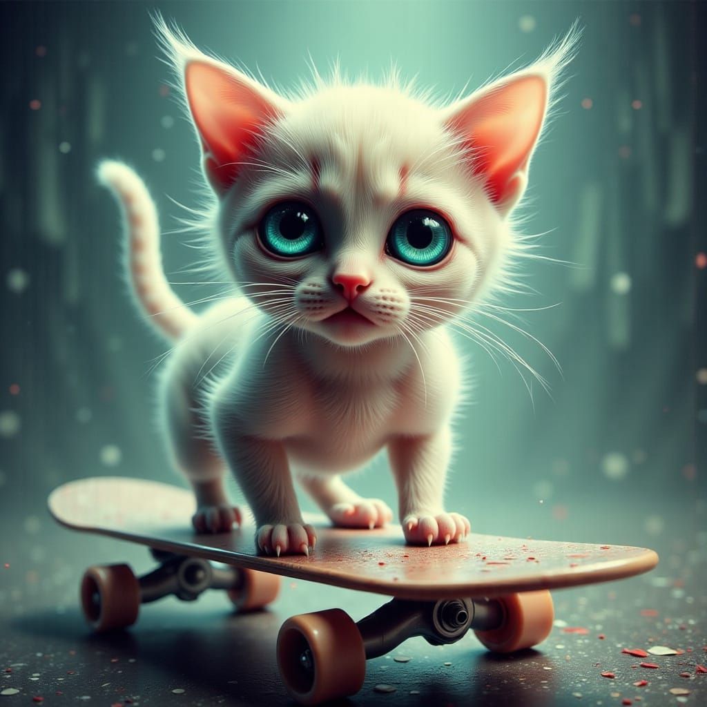 Surreal Whimsical Kitten on Iridescent Skateboard