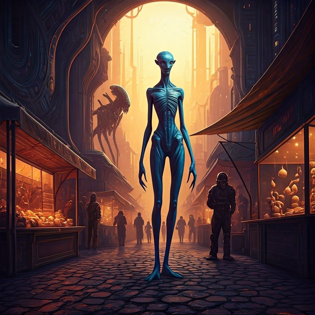 Alien Marketplace with Humans in Dark Fantasy Style