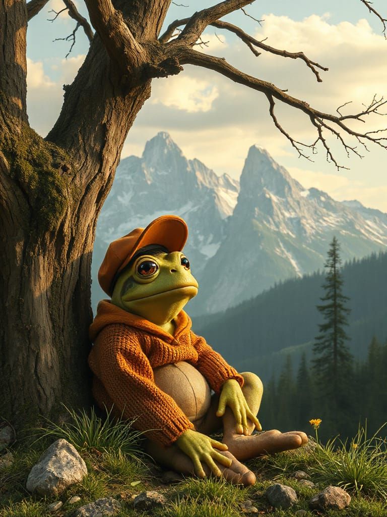 Surprised Frog in Cap Observes Distant Mountains