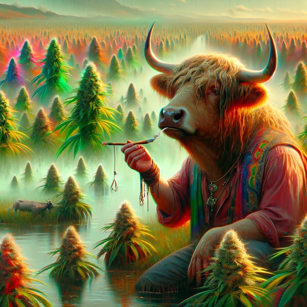 Vintage Hippy Bull Sharing Cannabis Seeds in Marsh