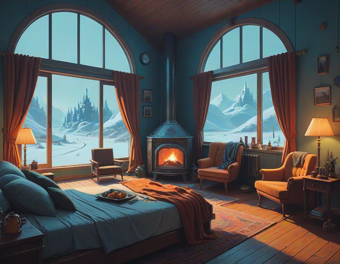Cozy Winter Castle Scene in Sci-Fi Digital Art