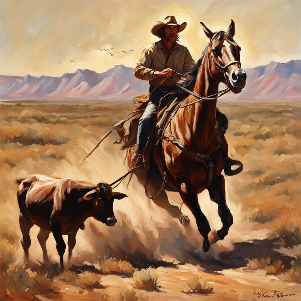 Western Wrangler Herding Calf in Dramatic Chiaroscuro
