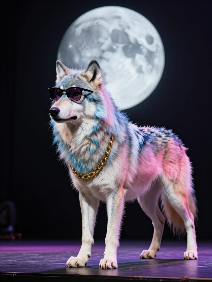 Wolf with Pink and Blue Mane and Sunglasses on Stage