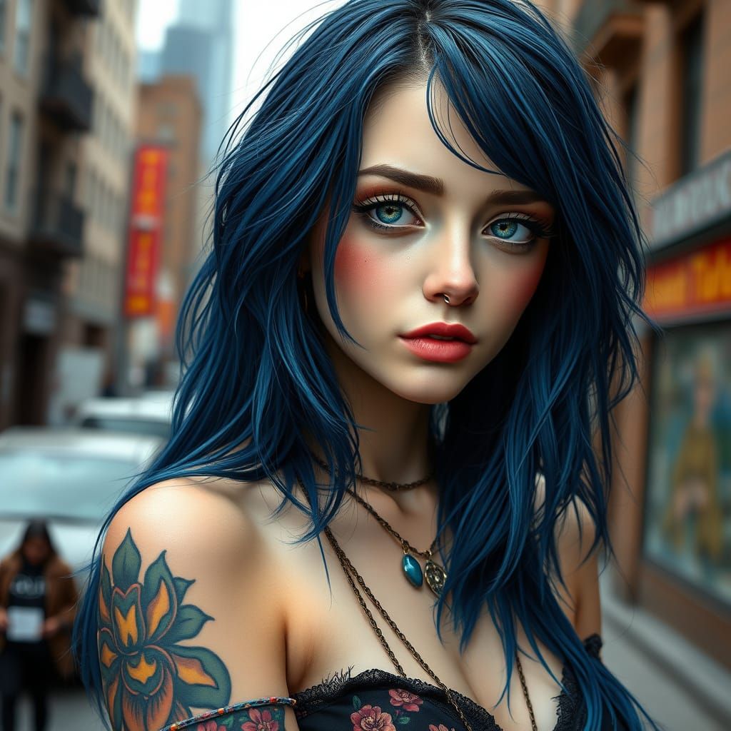 Ethereal Boho Chic Woman with Dark Blue Hair and Vibrant Tat...