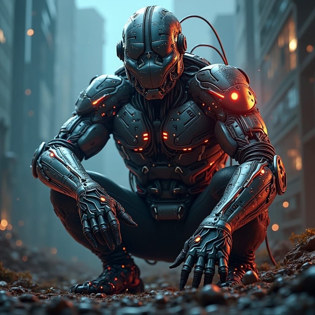 Futuristic Cyborg in Dystopian Cityscape Matte Painting