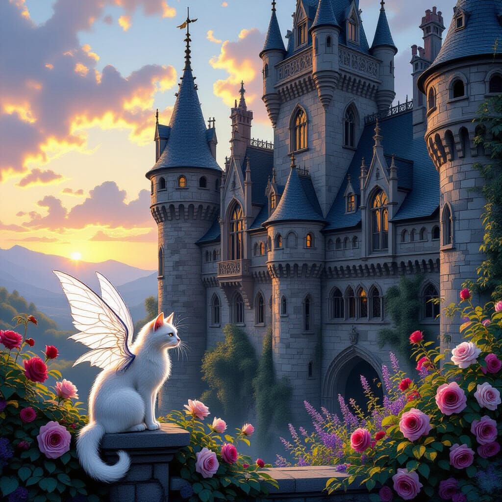 Gothic Castle at Sunset with Winged Cat