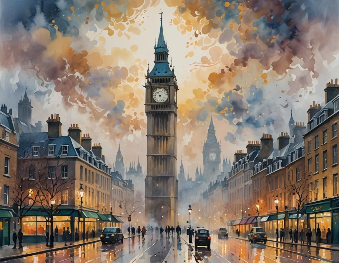Foggy London Clock Tower in Impressionist Style