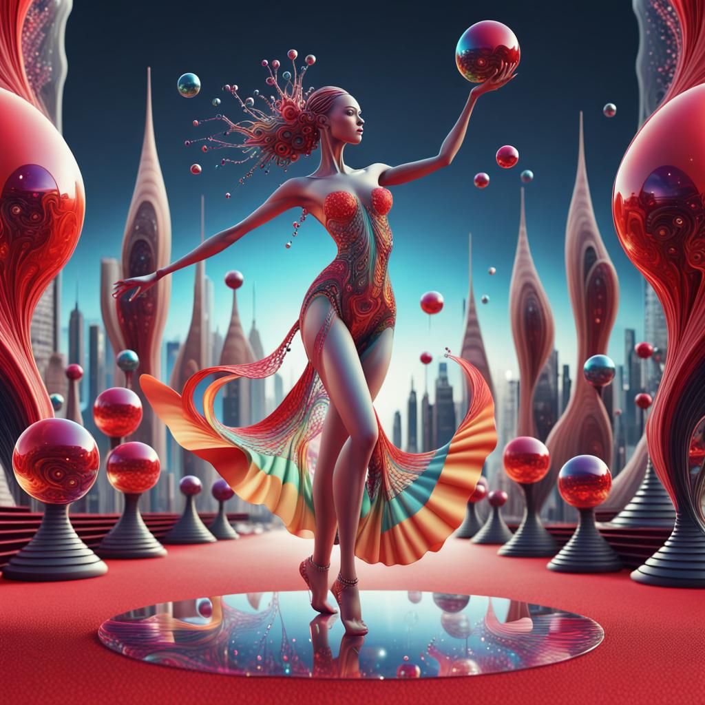 Glamorous Woman Dancing with Aliens as Fractal Art