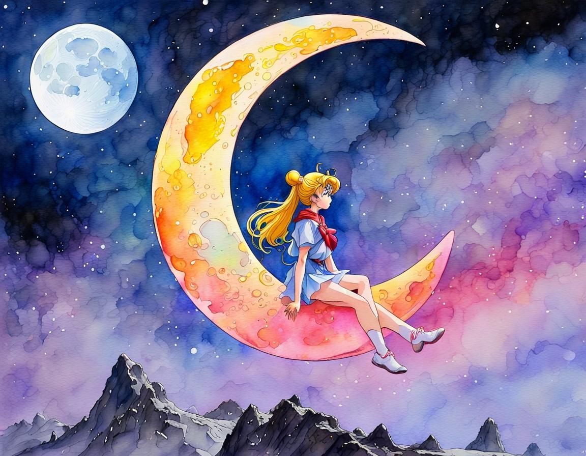 Sailor Moon on the Moon in Ghibli-Moebius Style