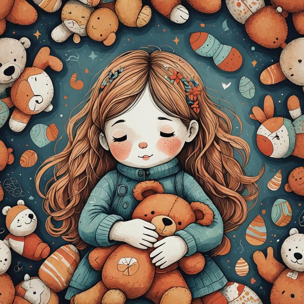 Girl Hugging Stuffed Toy in Abstract Style