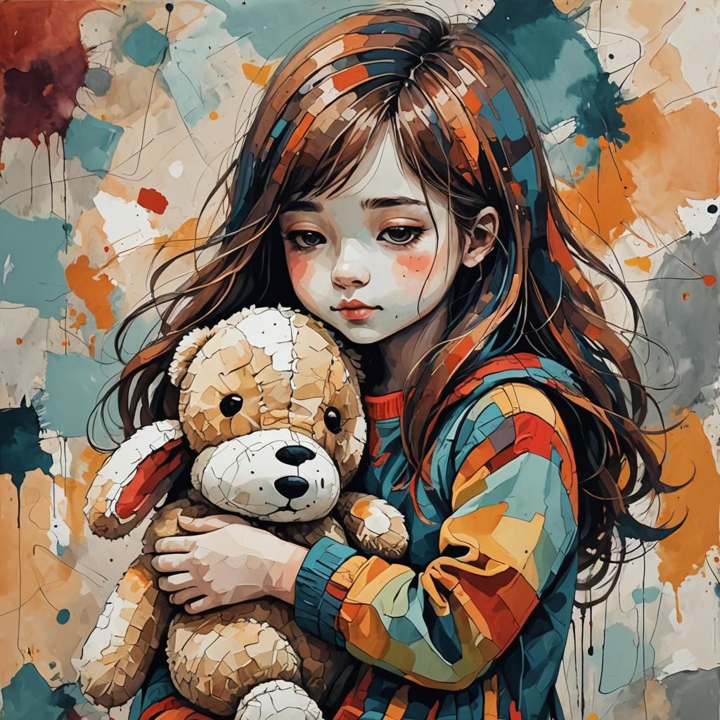Girl Hugging Toy in Abstract Art Style