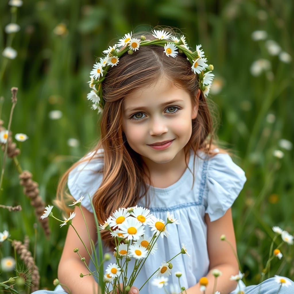 Young Girl Surrounded by Daisies in a Sunlit Meadow