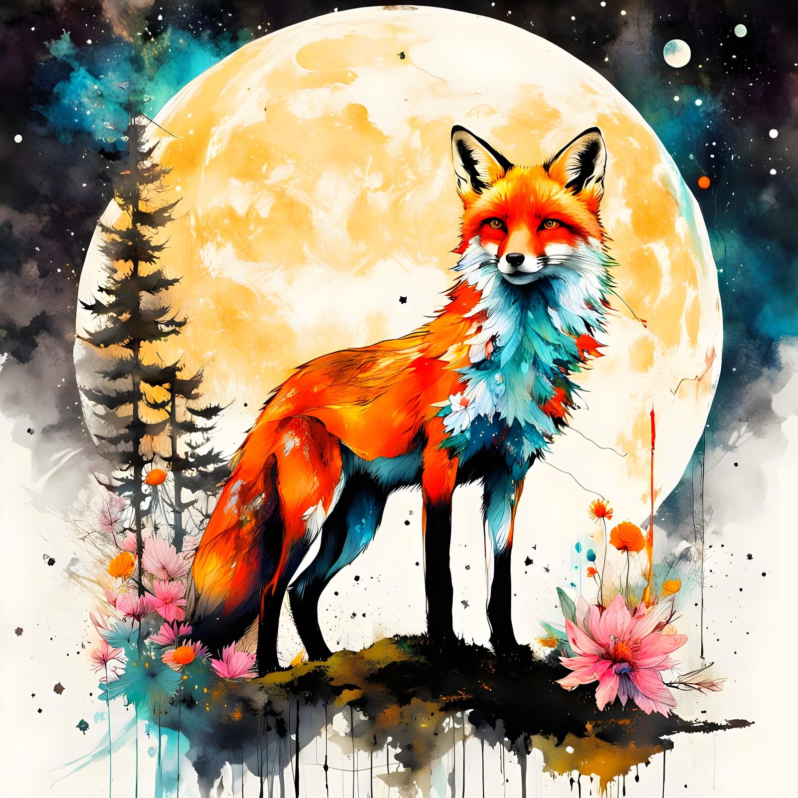Fox in Luminous Forest Mixed Media Masterpiece