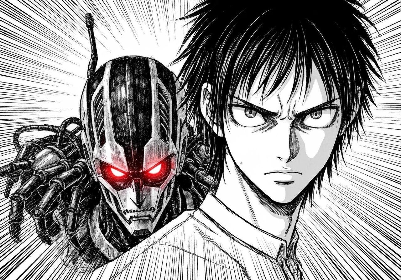 Intense Manga Panel with Robot and Teenager