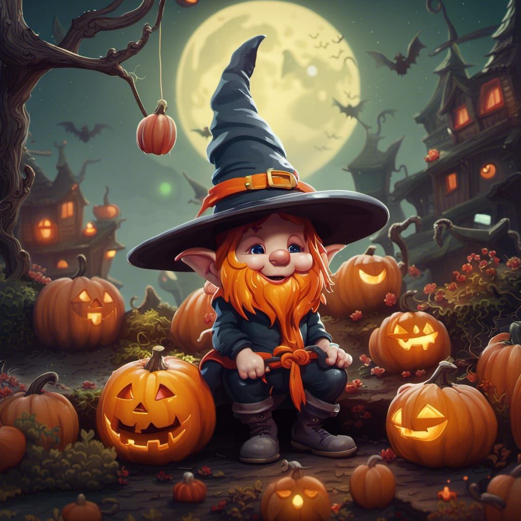 Halloween Gnomes with Pumpkins Illustration in Detailed Styl...