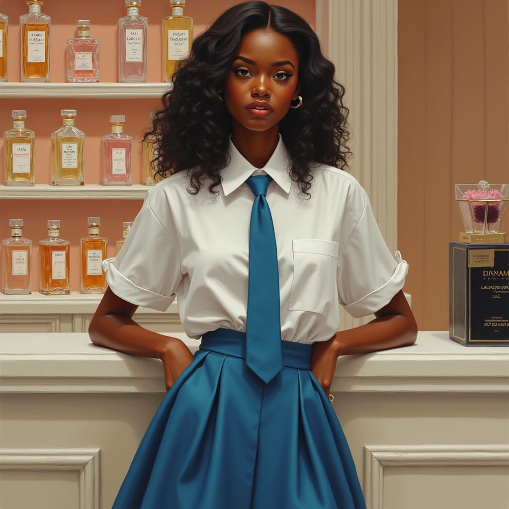 Hyperrealistic Portrait of Woman Behind Perfume Counter
