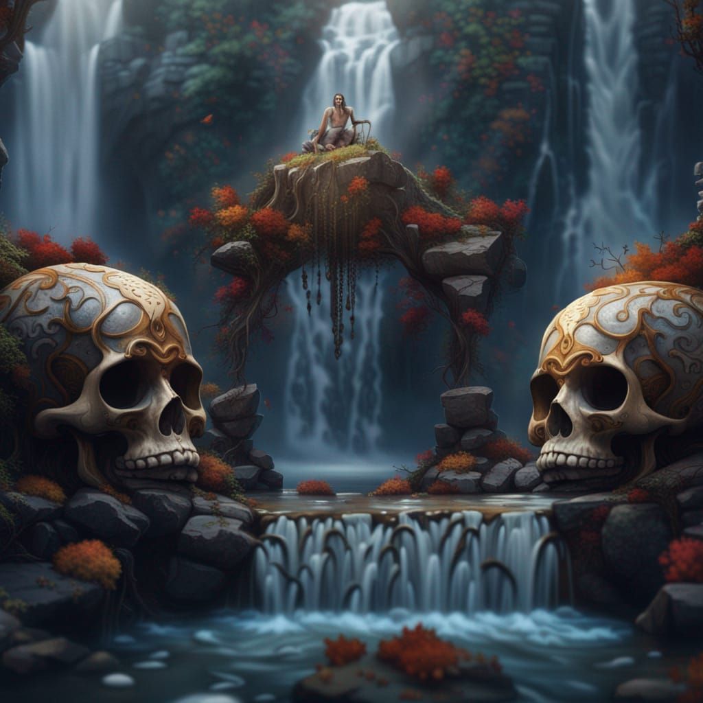 Decorative Skulls by a Waterfall: Fantasy Concept Art