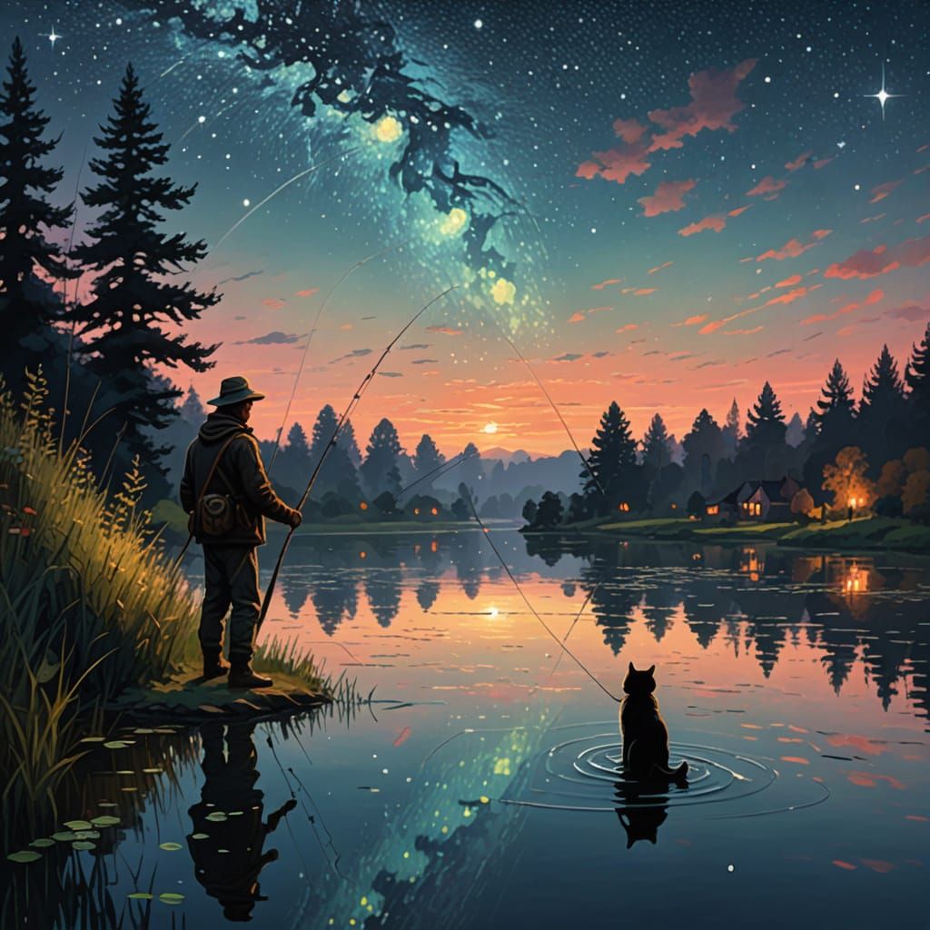 Fisherman Casting Line at Twilight as Impressionist Art