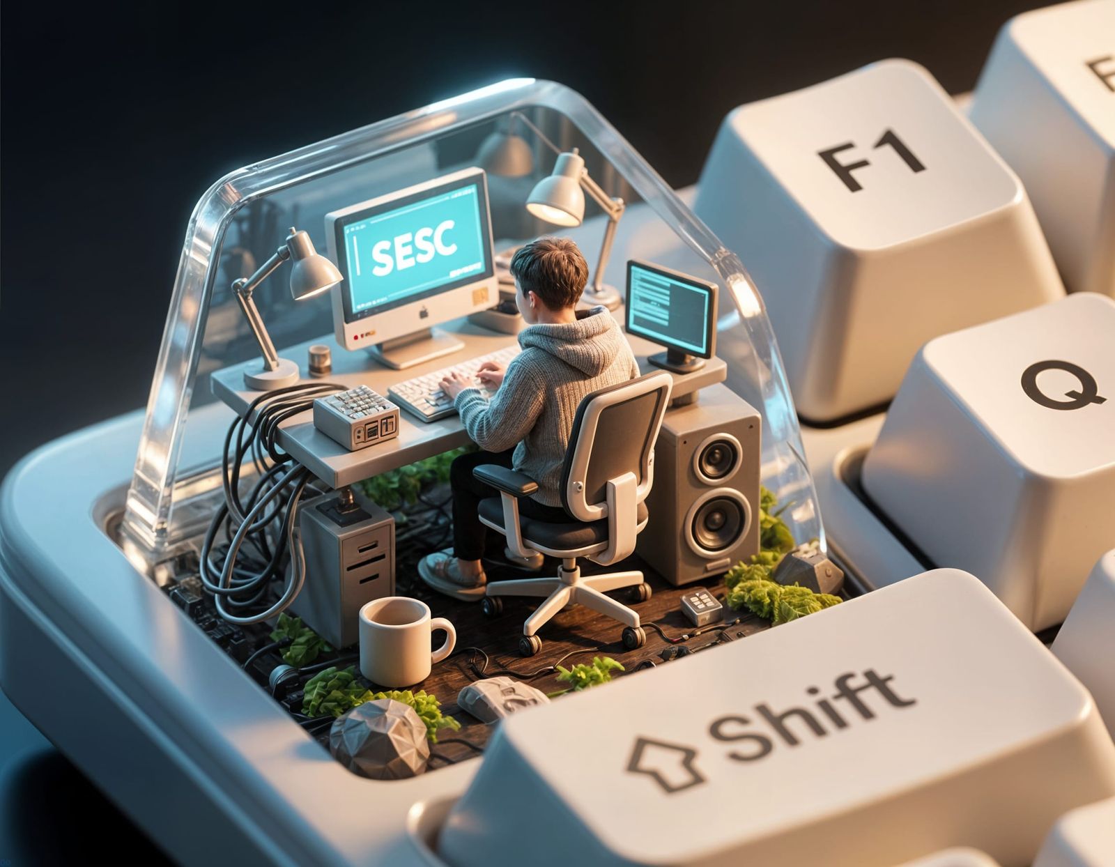 Miniature PC Inside Keyboard Keycap, Isometric 3D Render