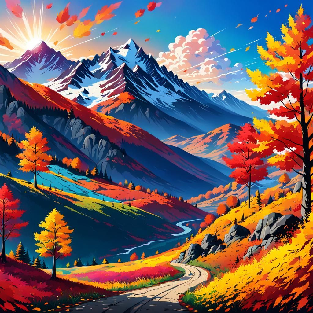 Pop Art Mountain Landscape with Autumn Leaves