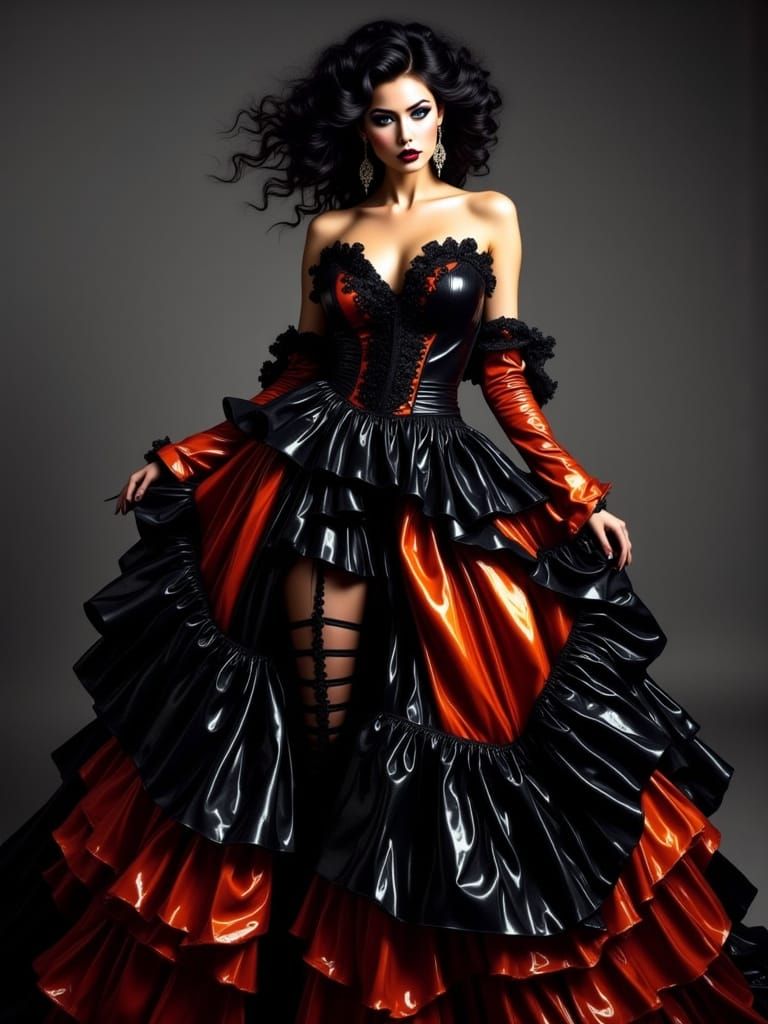 Woman in Opulent Black and Orange Latex Gown