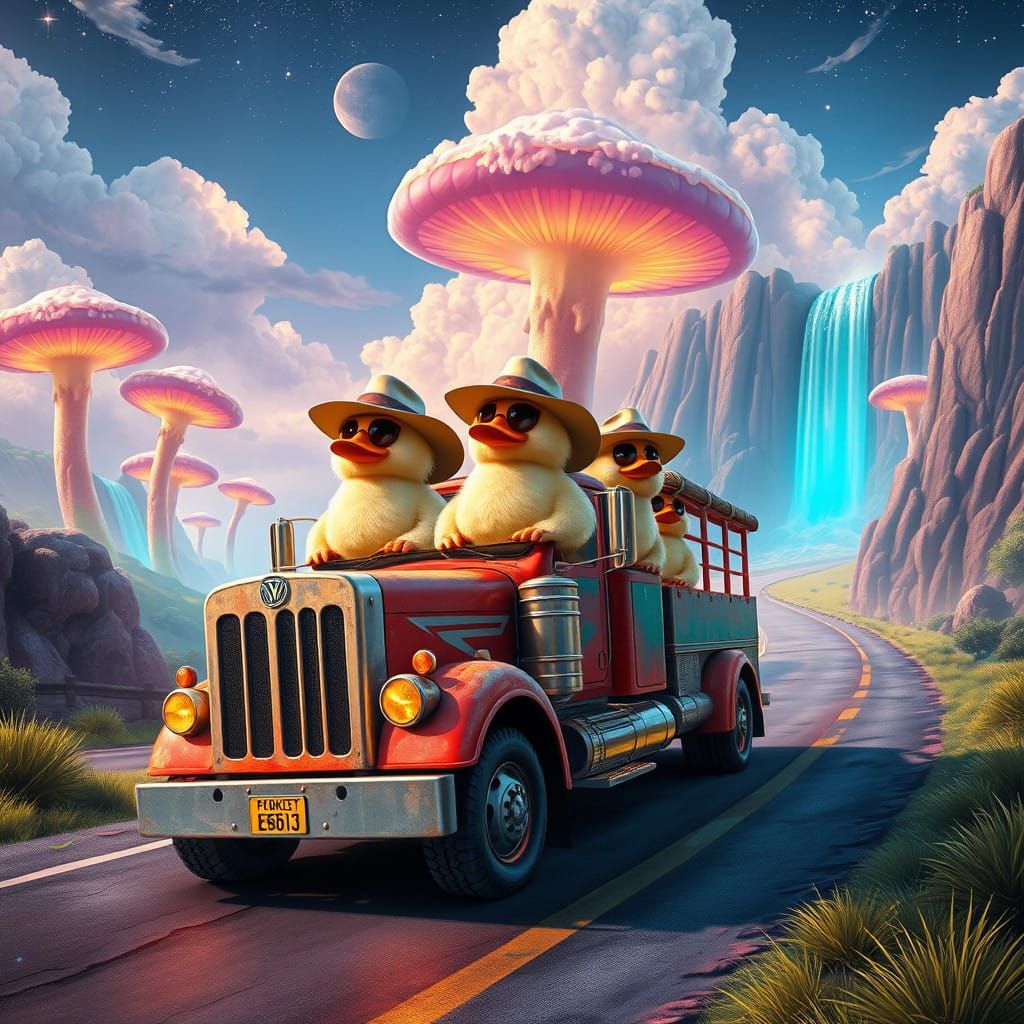 Fantasy Truck Driven by Fluffy Ducks in Dreamy Landscape