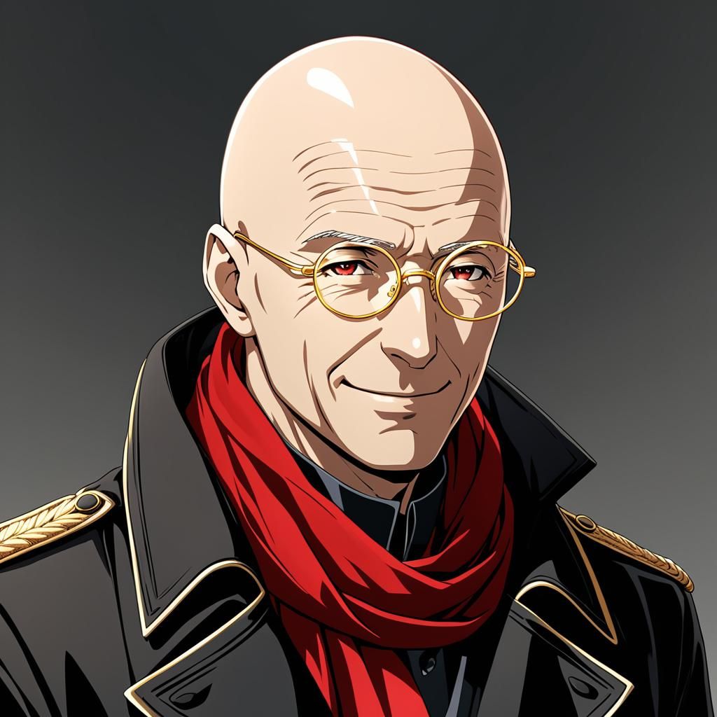 Anime Portrait of Smiling Old Man in Trench Coat