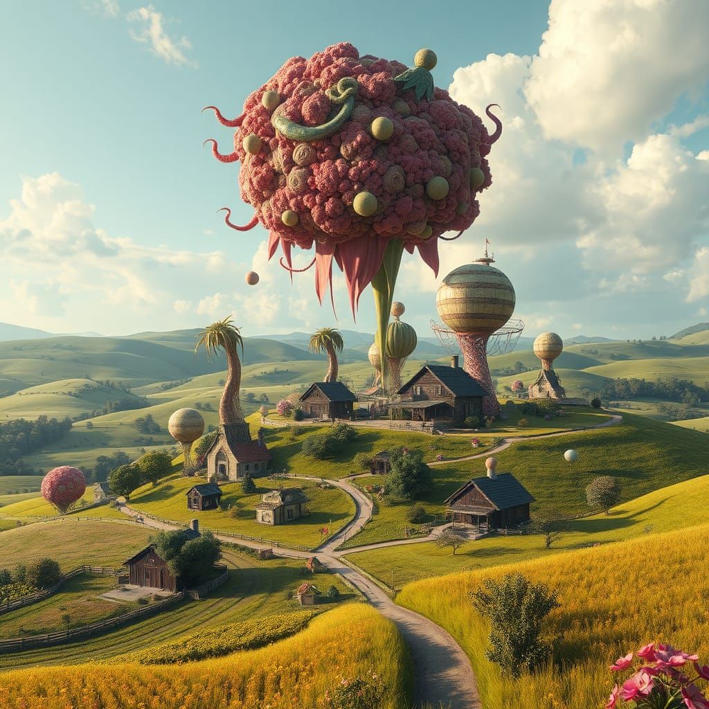 Enchanted Rural Farmscape with Dreamlike Art Installations