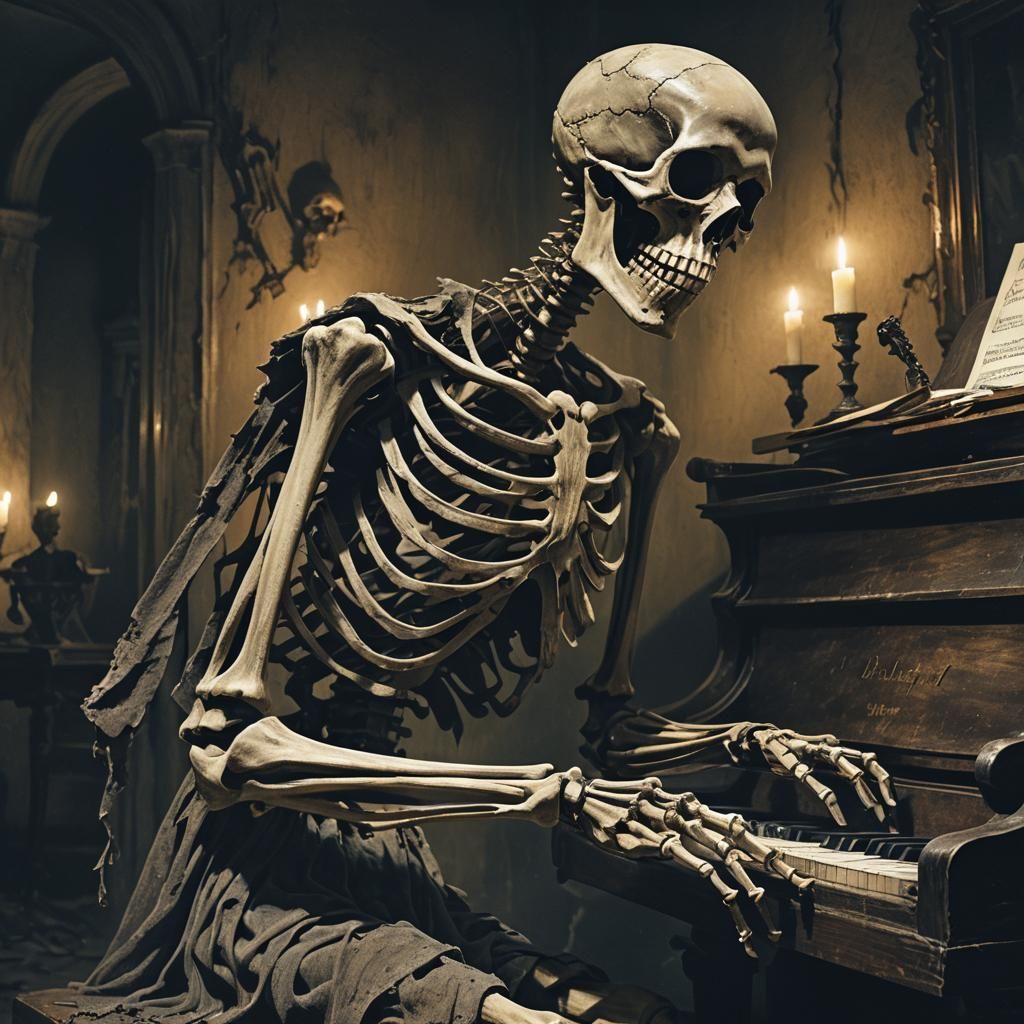 Skeleton Plays Piano in Dark Romantic Style
