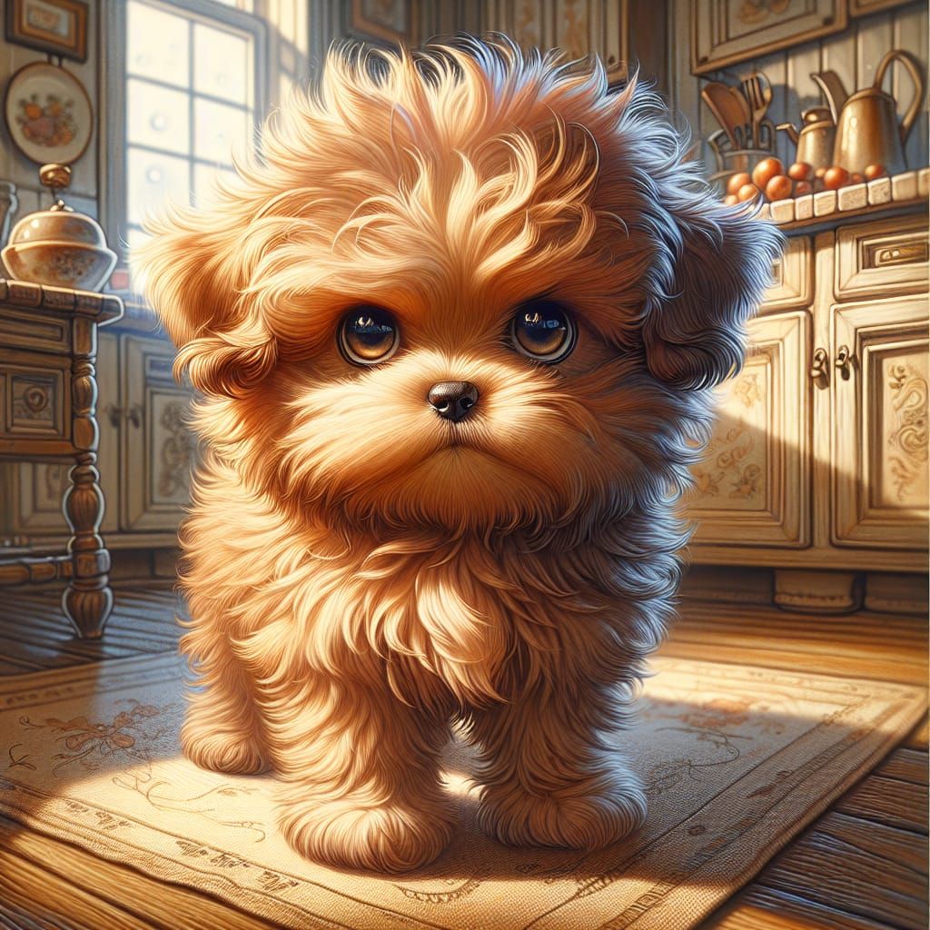 Annoyed Puppy in American Golden Age Kitchen