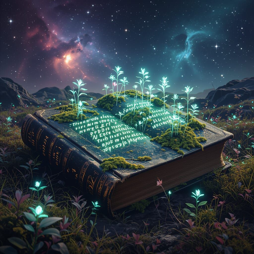 Ancient Cosmic Book with Alien Flora in Sci-Fi Art